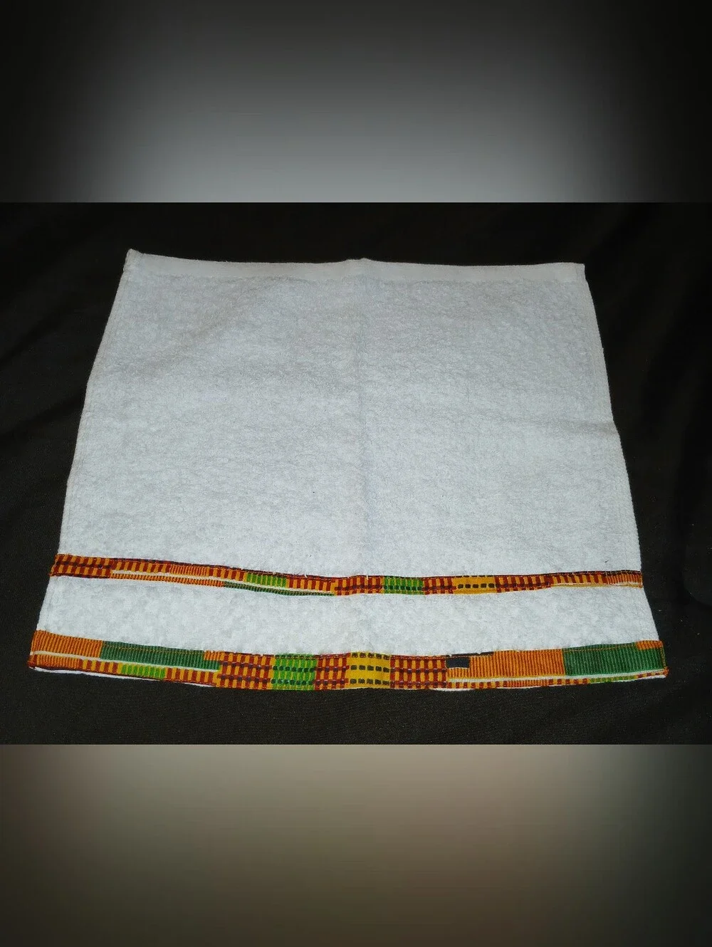 NWT Handcrafted White Bath Towel Set with Kente Trim.